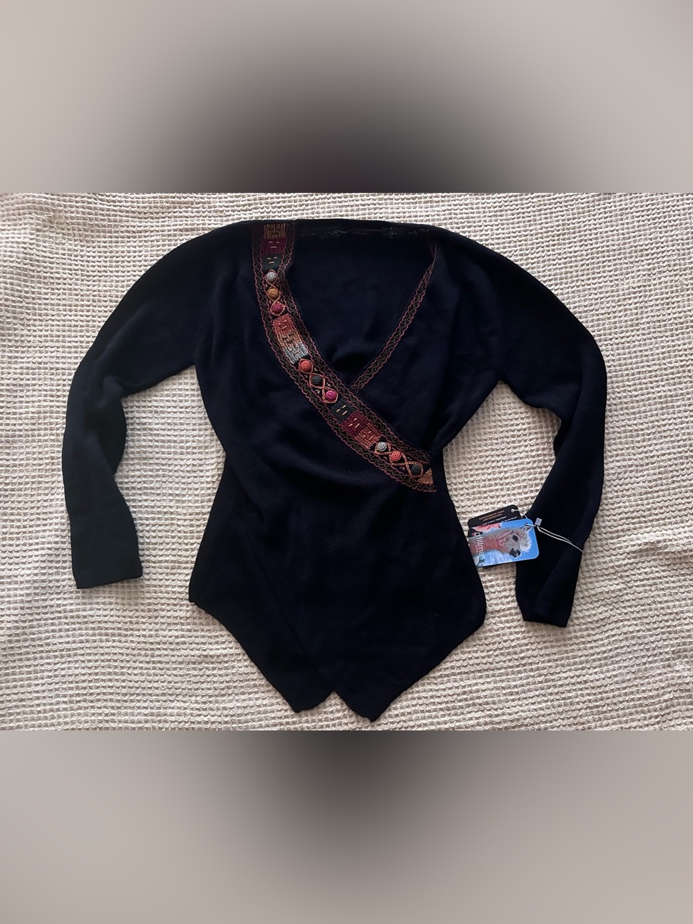 100% Baby Alpaca Black Embroidered Wrap Tunic Top with Bead Accent